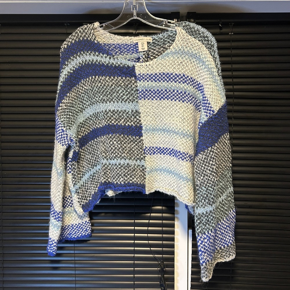 Sincerely Jules Sweater Womens Small Blue Striped Cropped Knit ST22S402-2 Boho